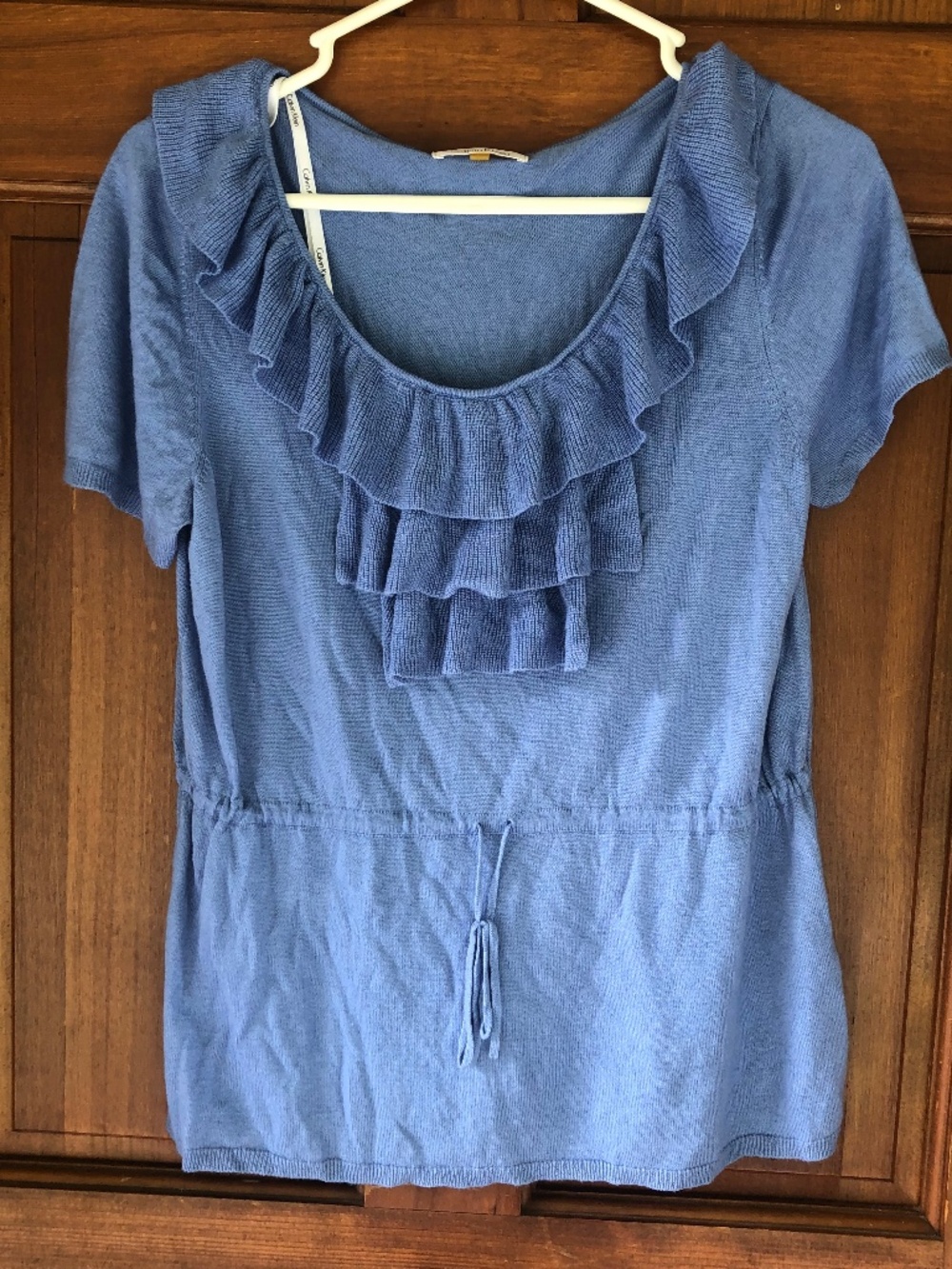 Calvin Klein Blue Short Sleeve Knit Top Ruffle Neck Drawstring Waist